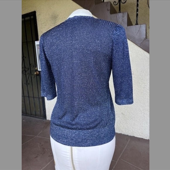 VERONICA BEARD Ume Blue Metallic Shimmer Short Sleeve Knit Top EUC/sz L - Picture 9 of 11